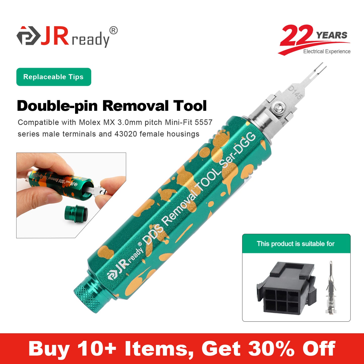 JRready JRDDS-D145-01/ JRDDS-D145-07 Dual-Pin Terminal Extraction Tool for Molex MX 3.0mm pitch 5557 series male terminals (housing 43020)