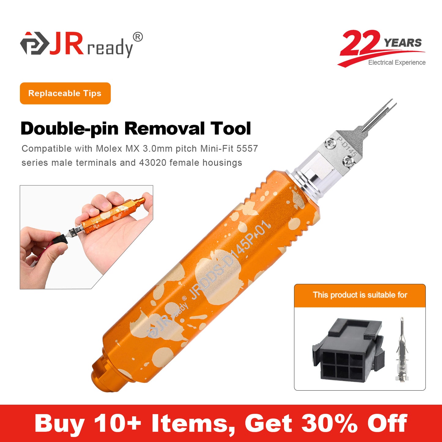 JRready JRDDS-D145P-01/ JRDDS-D145P-13/JRDDS-D145PRO-01 Dual-Pin Terminal Extraction Tool for Molex MX3.0mm Pitch 5557 Series Male Terminals &amp; 43020 Female Housing