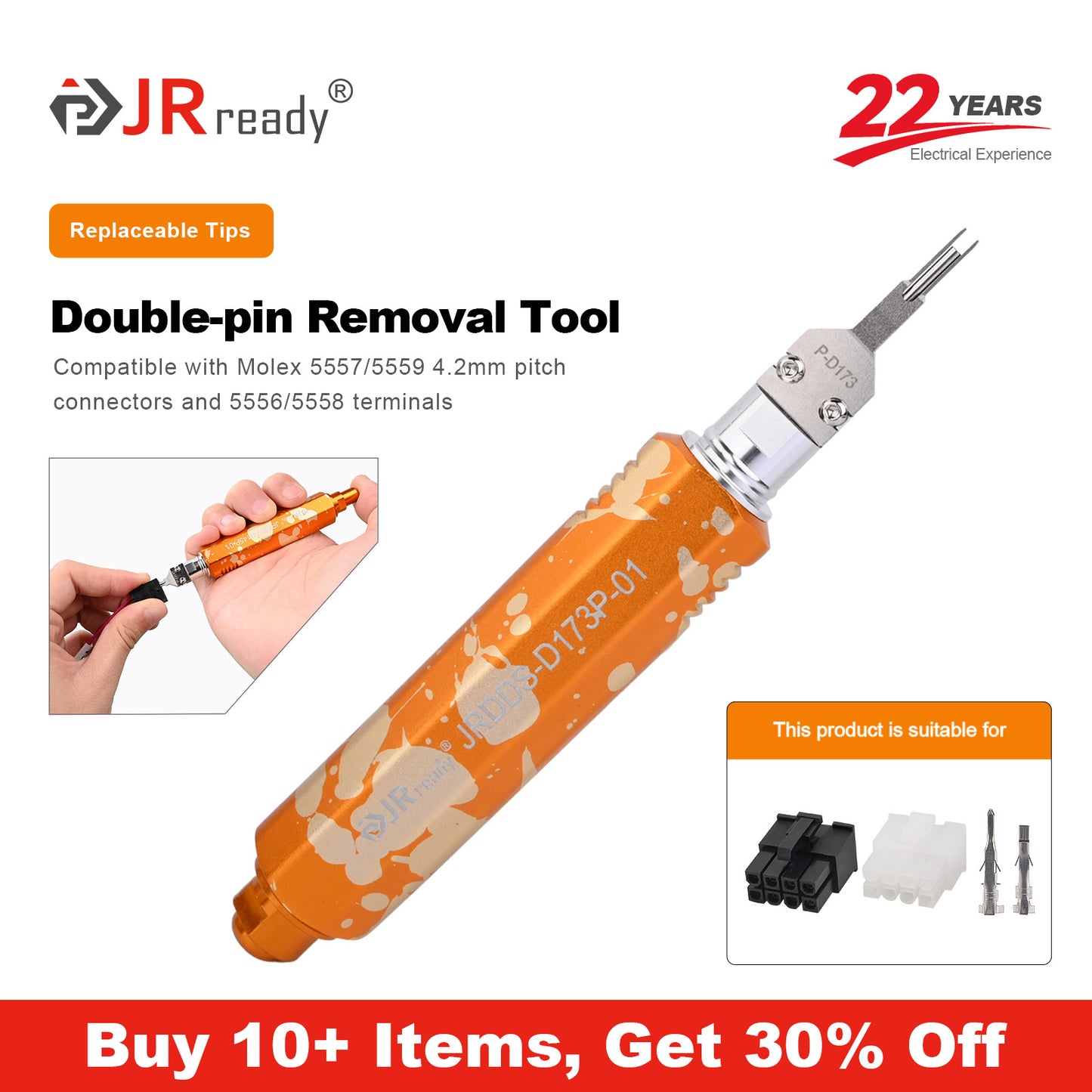 JRready JRDDS-D173P-01/ JRDDS-D173P-13/JRDDS-D173PRO-01 Dual-Pin Terminal Extraction Tool for 5557/5559 4.2mm Pitch Connectors &amp; 5556/5558 Terminals