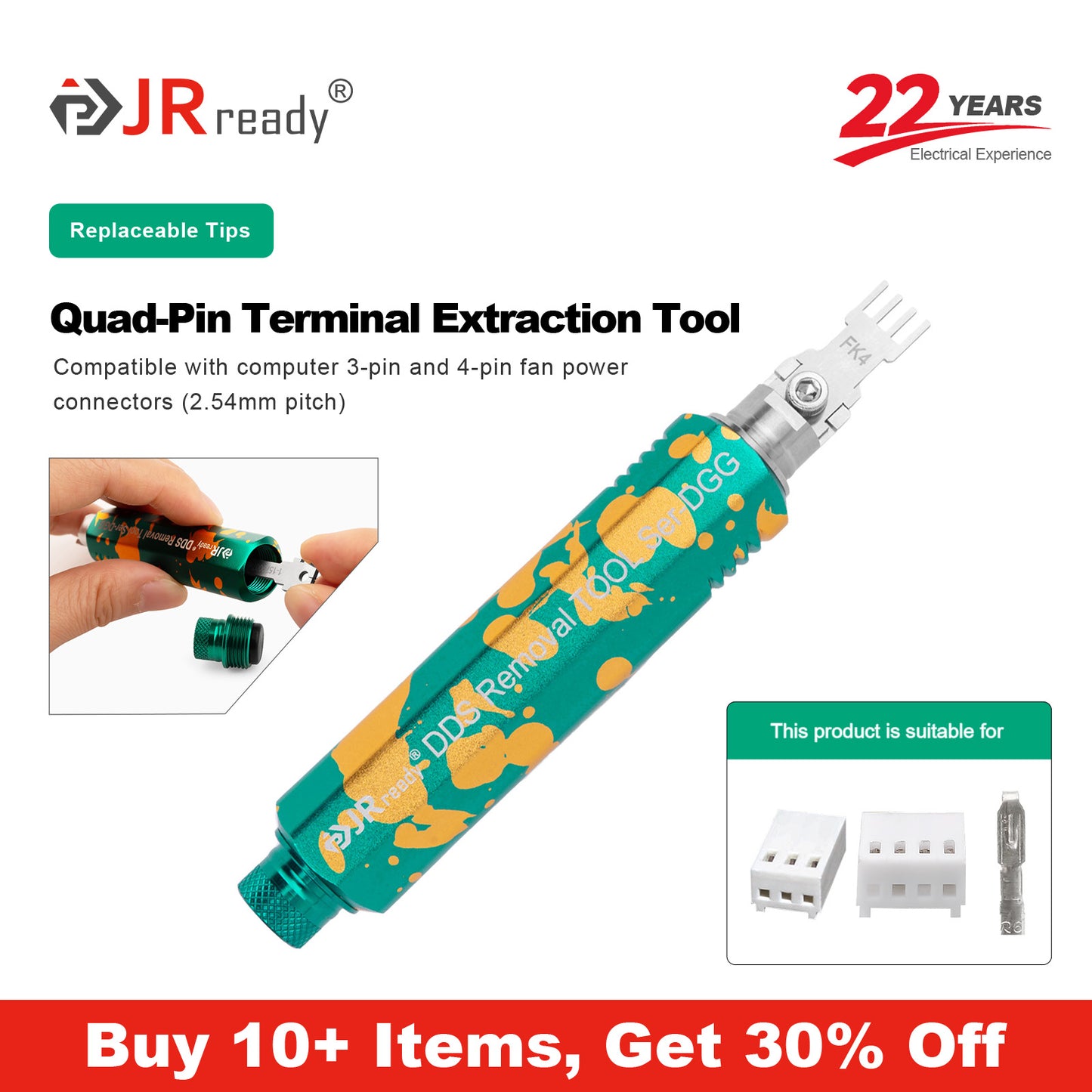 JRready JRDDS-FK4-01/ JRDDS-FK4-07 Quad-Pin Terminal Extraction Tool for 3-pin/4-pin PC fan power connectors (2.54mm pitch)