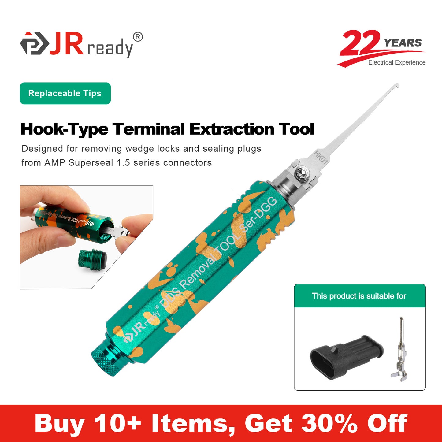 JRready JRDDS-HK01-01/ JRDDS-HK01-07 Hook-Type Terminal Extraction Tool for removing wedge locks in AMP Superseal 1.5 and Deutsch DT series connectors