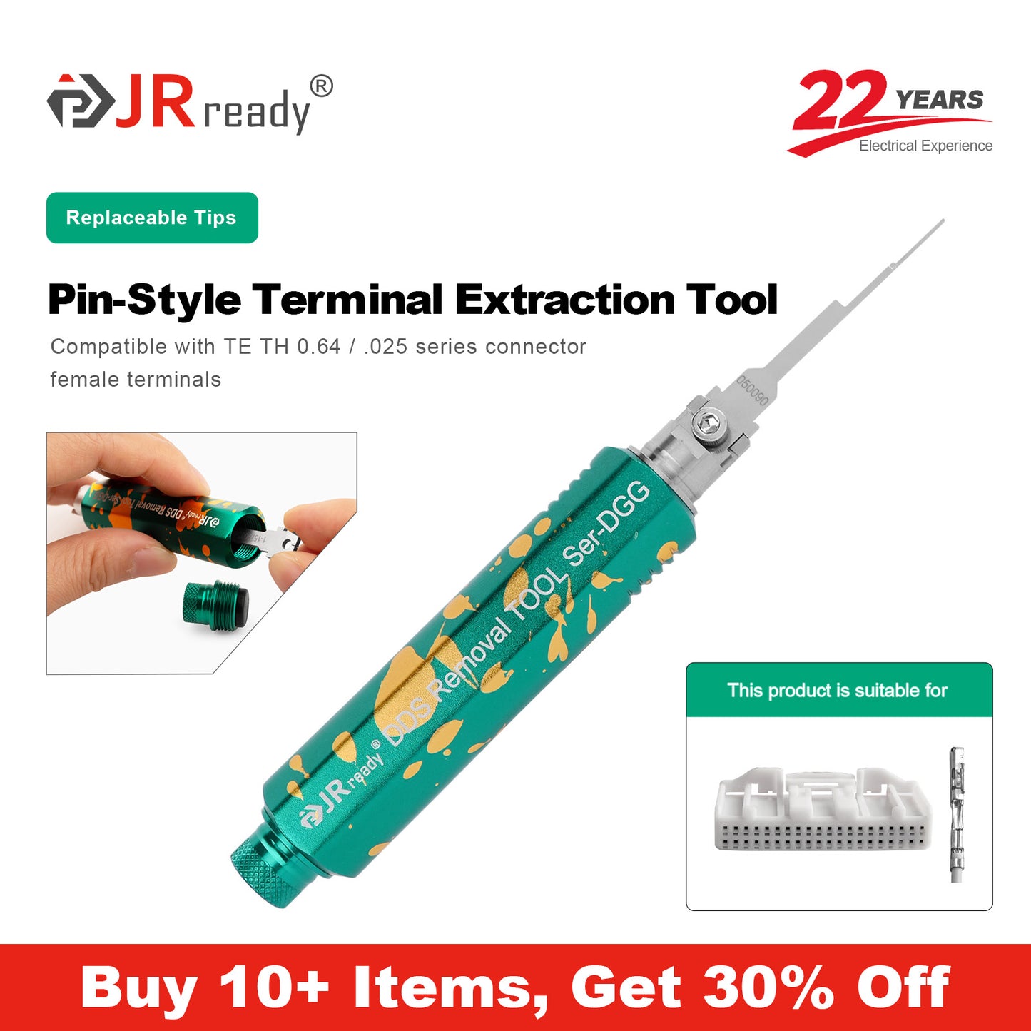 JRready JRDDS-N050090-01/ JRDDS-N050090-07 Single-Pin Terminal Extraction Tool for automotive ECU &amp; display device connectors, TH.025 series connectors and domestic DJ1.8 series automotive connectors