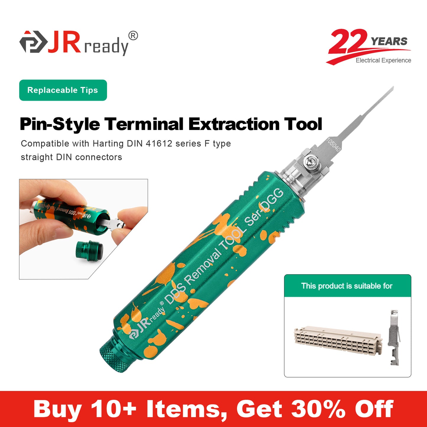 JRready JRDDS-N105040-01/ JRDDS-N105040-07 Strumento di estrazione per terminali a pin singolo per connettori di tipo F serie DIN 41612 
