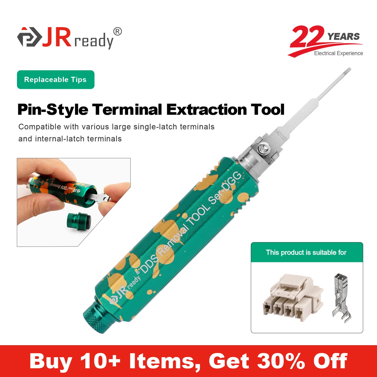 JRready JRDDS-N140100-01/ JRDDS-N140100-07 Strumento di estrazione per terminali a pin singolo per vari terminali a molla singola di grandi dimensioni o terminali a molla interna