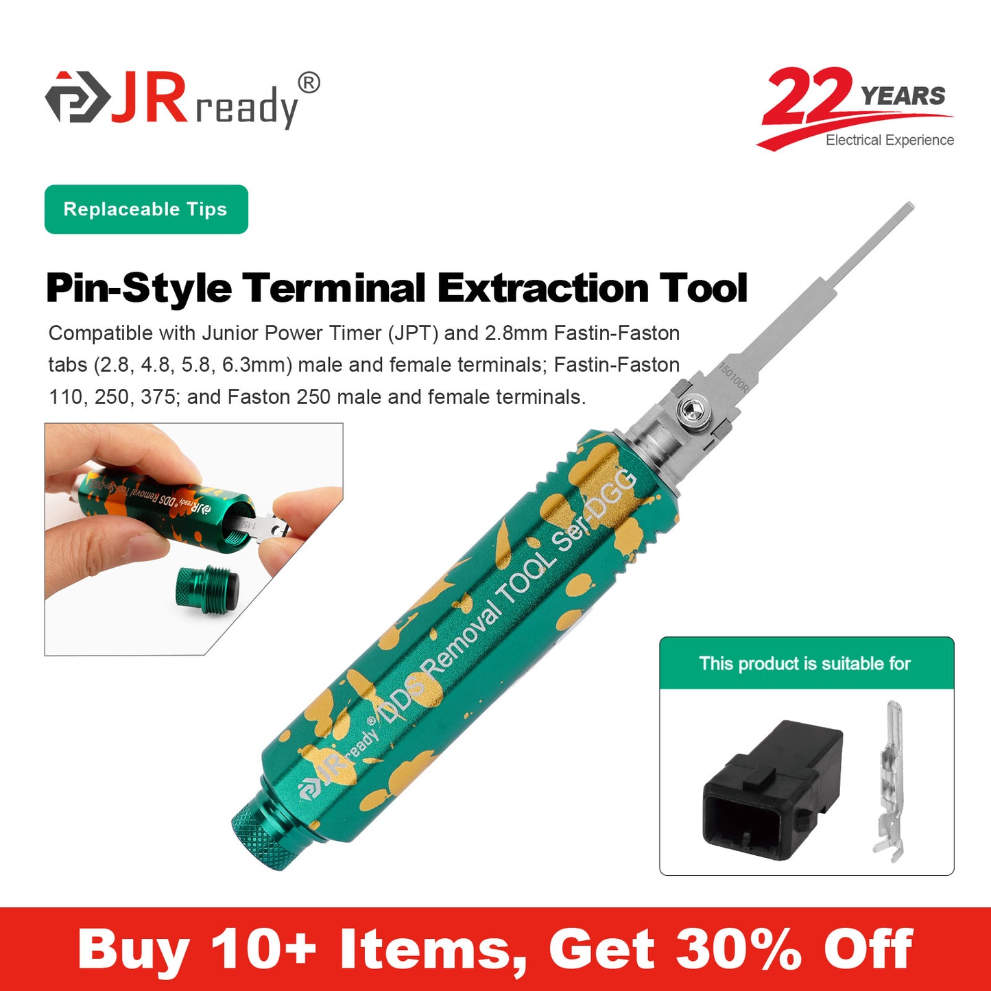 JRready JRDDS-N150100R-01/ JRDDS-N150100R-07 Single-Pin Terminal Extraction Tool for various large single-spring terminals