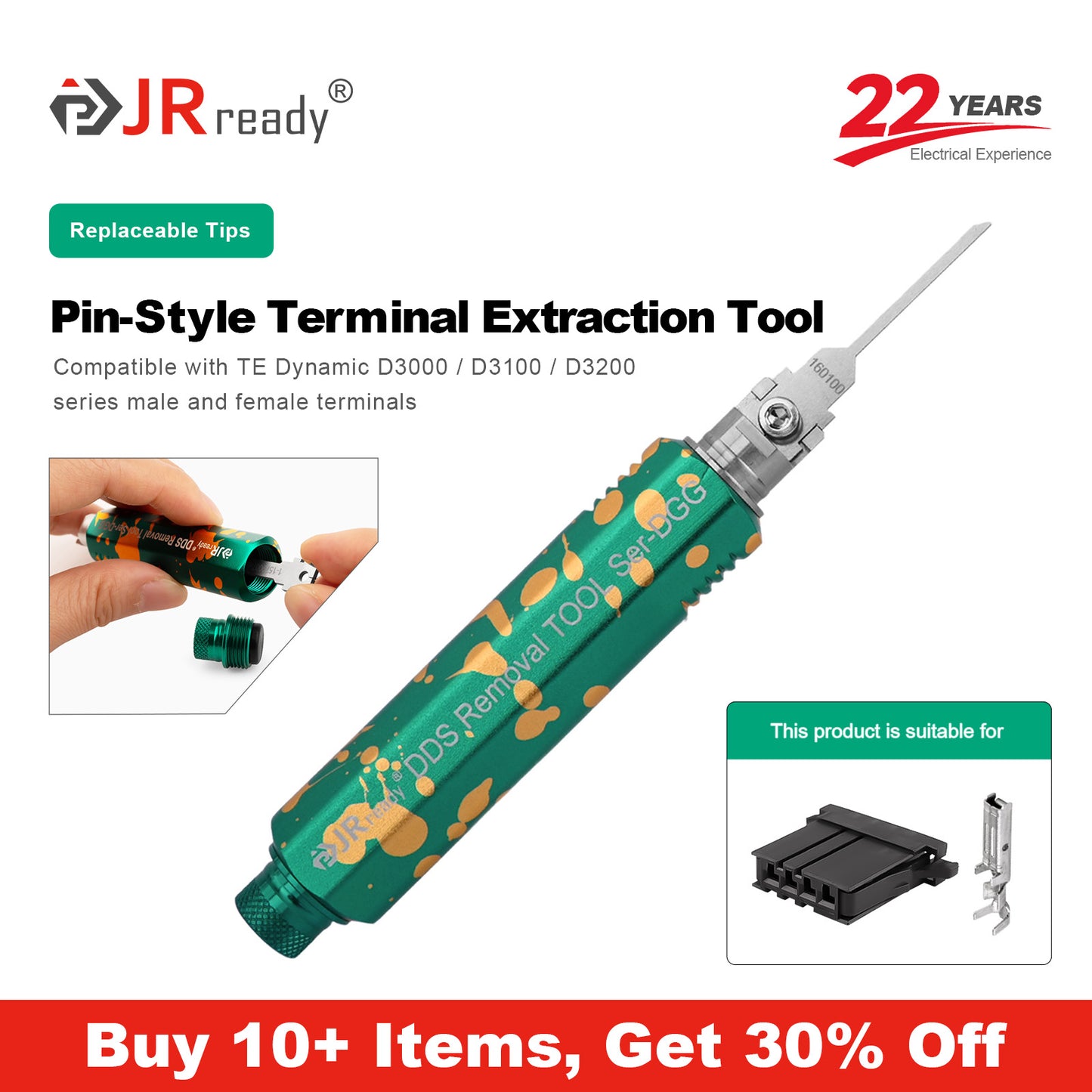JRready JRDDS-N160100-01/ JRDDS-N160100-07 Single-Pin Terminal Extraction Tool for TE Connectivity Dynamic 3000/3100/3200 series connectors (5.08mm pitch)