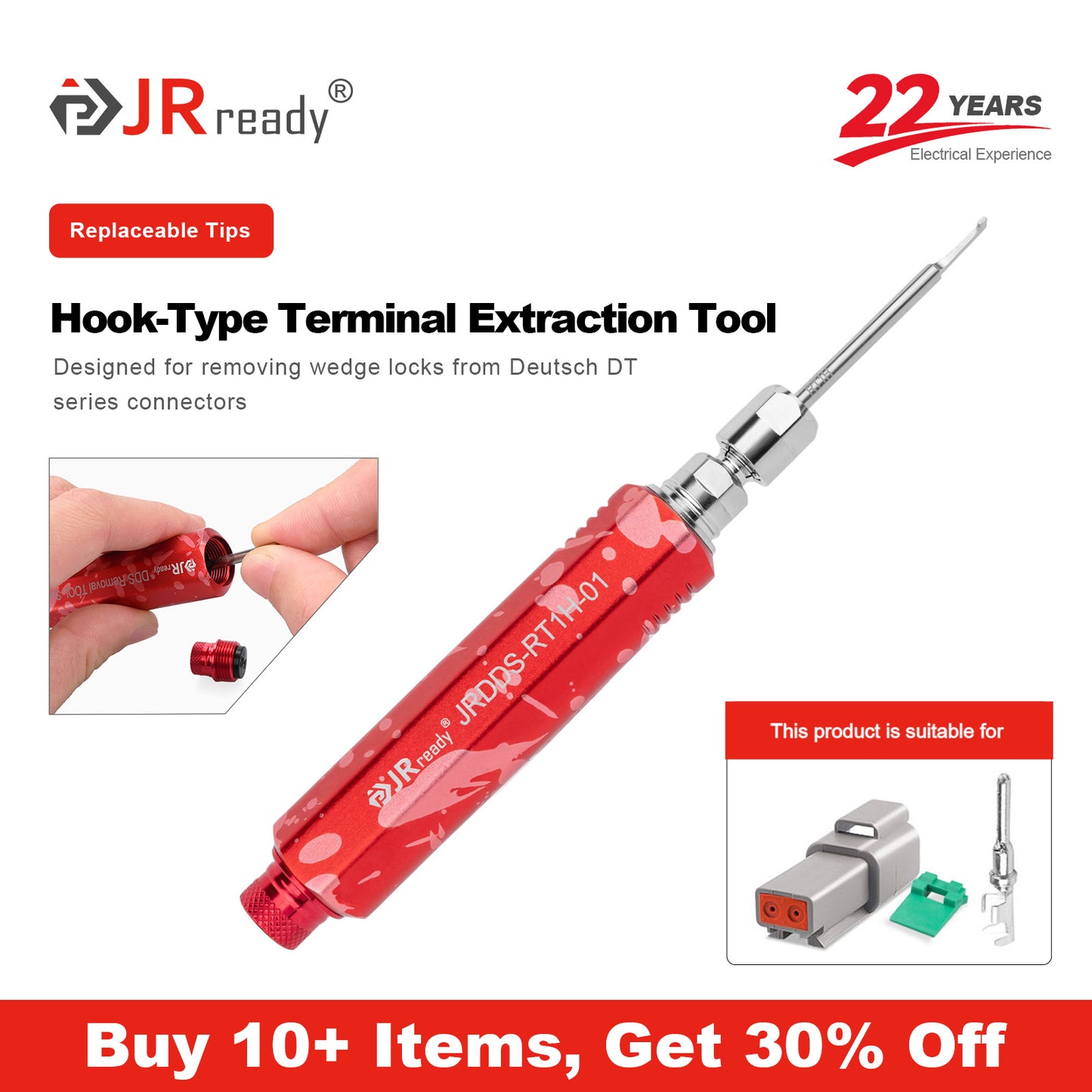 JRready JRDDS-RT1H-01/ JRDDS-RT1H-03 Pin-Style Terminal Extraction Tool for extraction of wedge locks of Deutsch DT series connectors