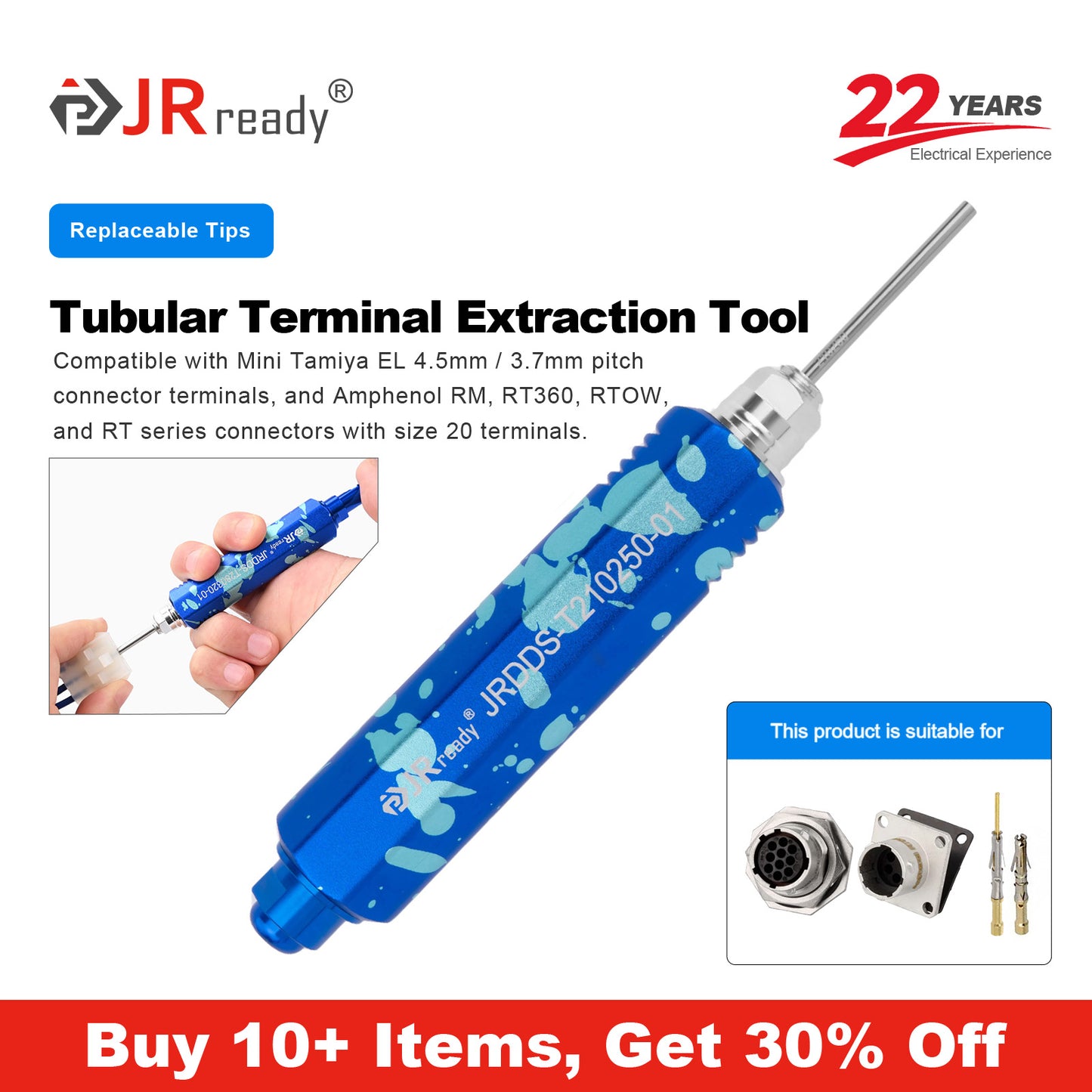 JRready JRDDS-T210250-01/ JRDDS-T210250-04 Ausziehwerkzeug für Rohrklemmen für Tamiya Mini EL 4,5 mm/3,7 mm Rastermaß-Steckverbinder und Amphenol RM, RT360, RTOW, RT Serie 20# Klemmen