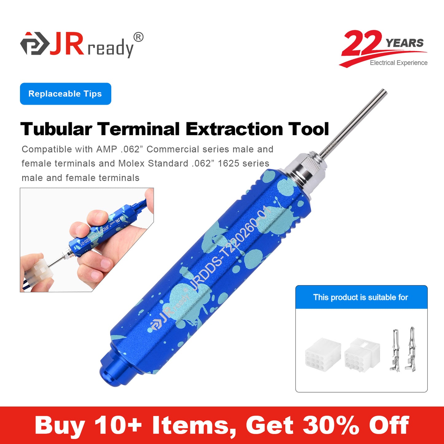 JRready JRDDS-T220260-01/ JRDDS-T220260-04 Tubular Terminal Extraction Tool for AMP 062,Molex5500/5600,C3681/C3682(China),Molex 8980,Domestic),