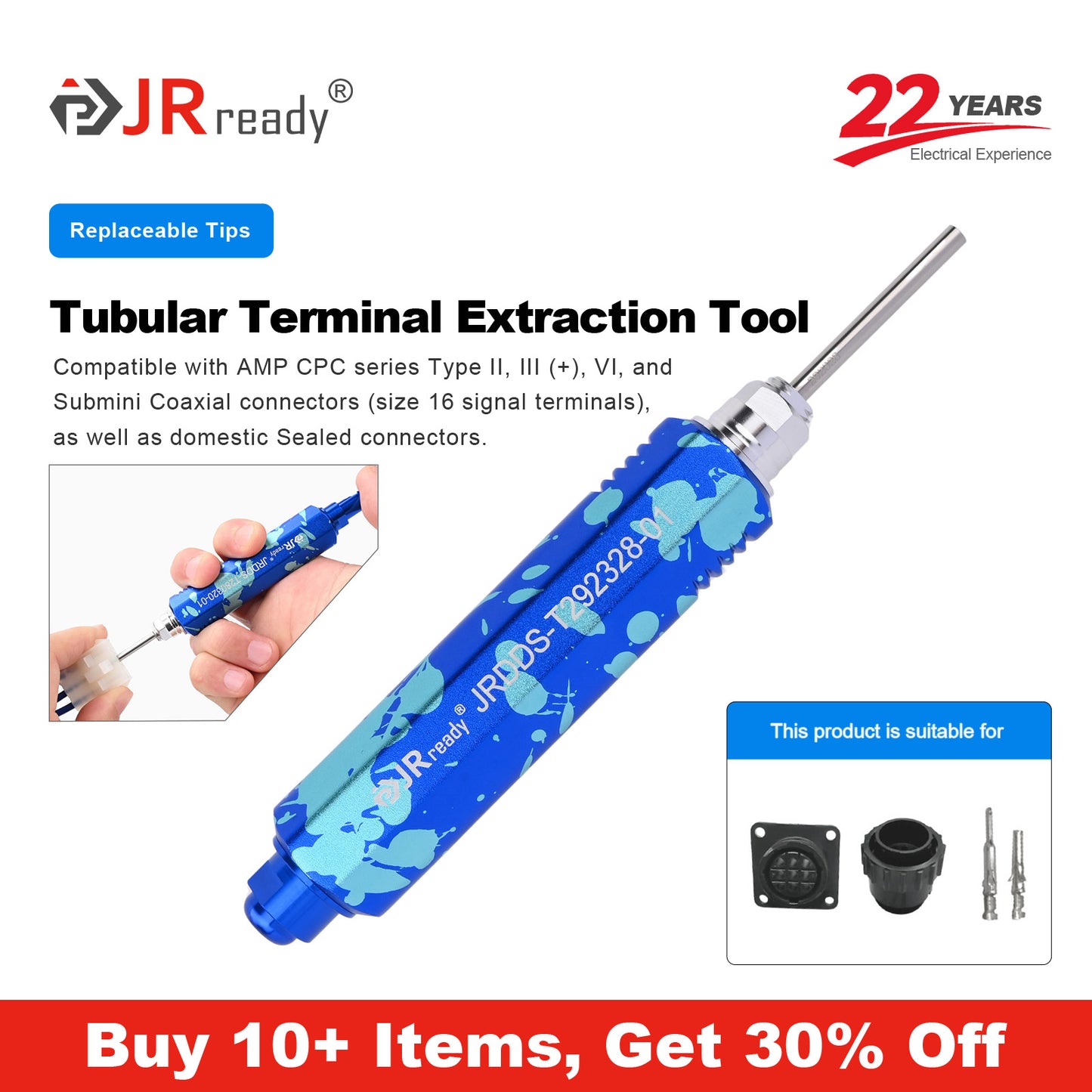 JRready JRDDS-T292328-01/ JRDDS-T292328-04 Tubular Terminal Extraction Tool for AMP CPC Series Type II, III(+), VI & Submini Coaxial Connectors and AMP/TE Aerospace Connectors - Male & Female Circular Plugs/Sockets