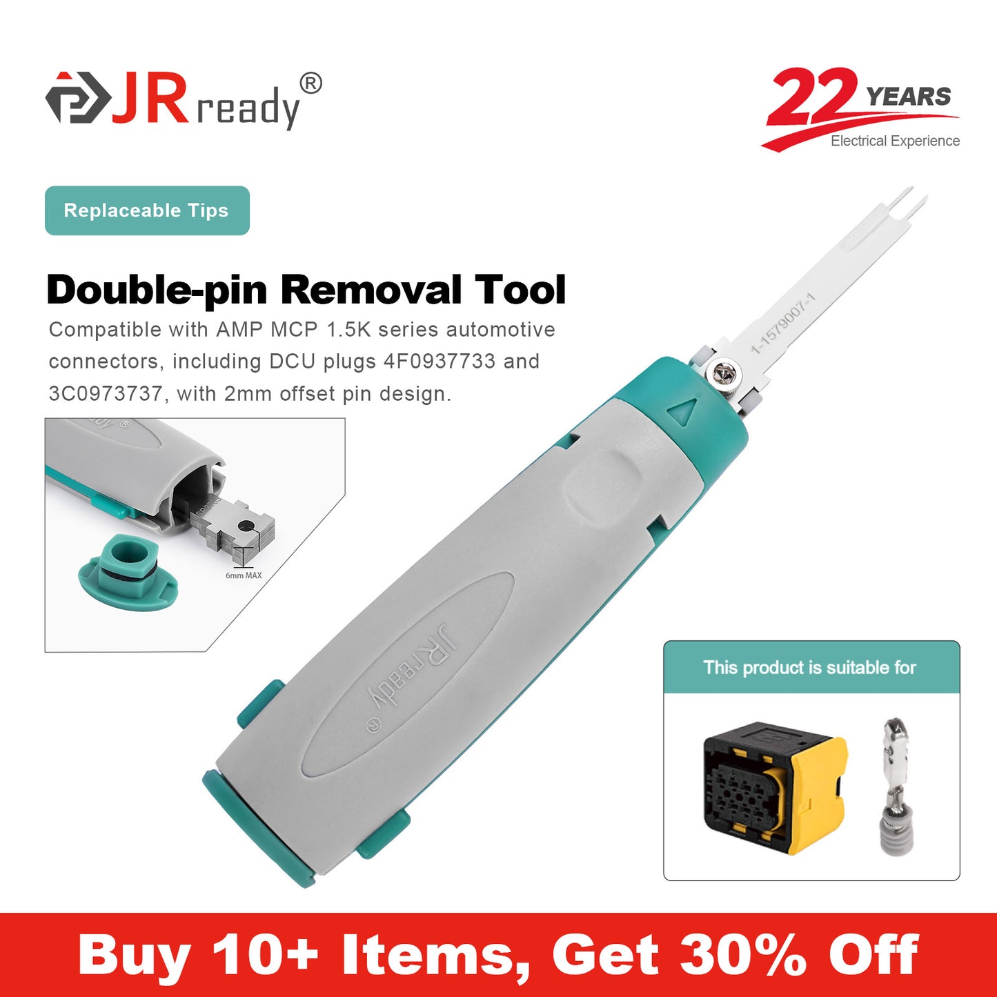 JRready JRconDRK-1-1579007-1 Extraction Tool for AMP MCP 1.5k,DCU plug, 4F0937733, 3C0973737 automotive connector 2mm offset hole