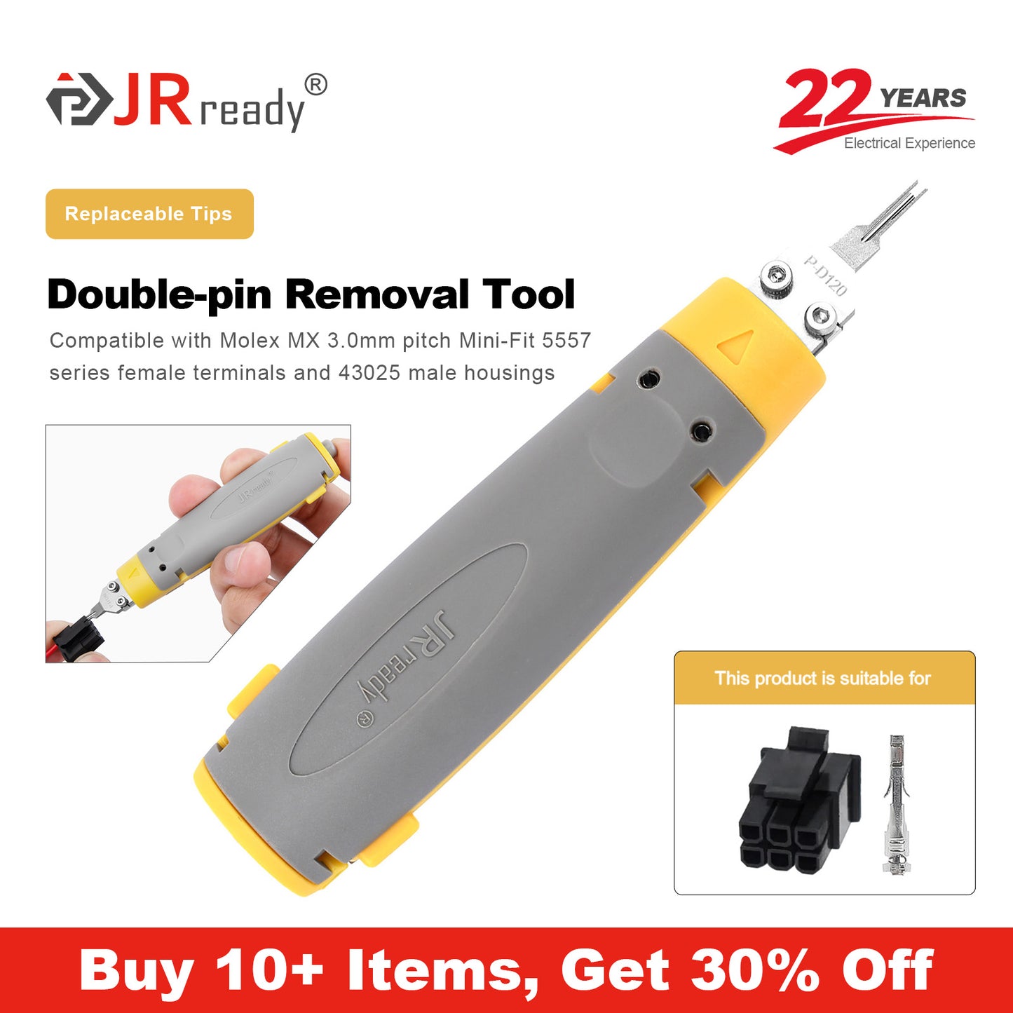 JRready JRconDRK-D120P pin removal tool for Molex MX3.0mm 5557 series female terminals and 43025 male housing connectors.