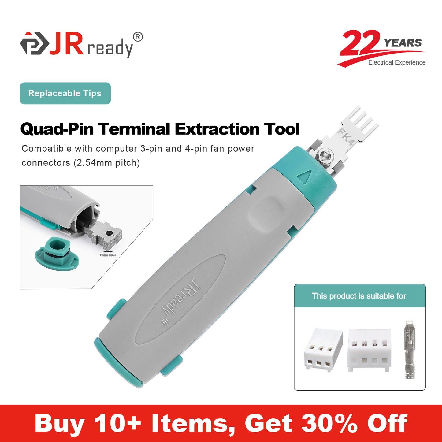 JRready JRconDRK-FK4 Quad-Pin Terminal Extraction Tool for 3-pin/4-pin PC fan power connectors (2.54mm pitch)