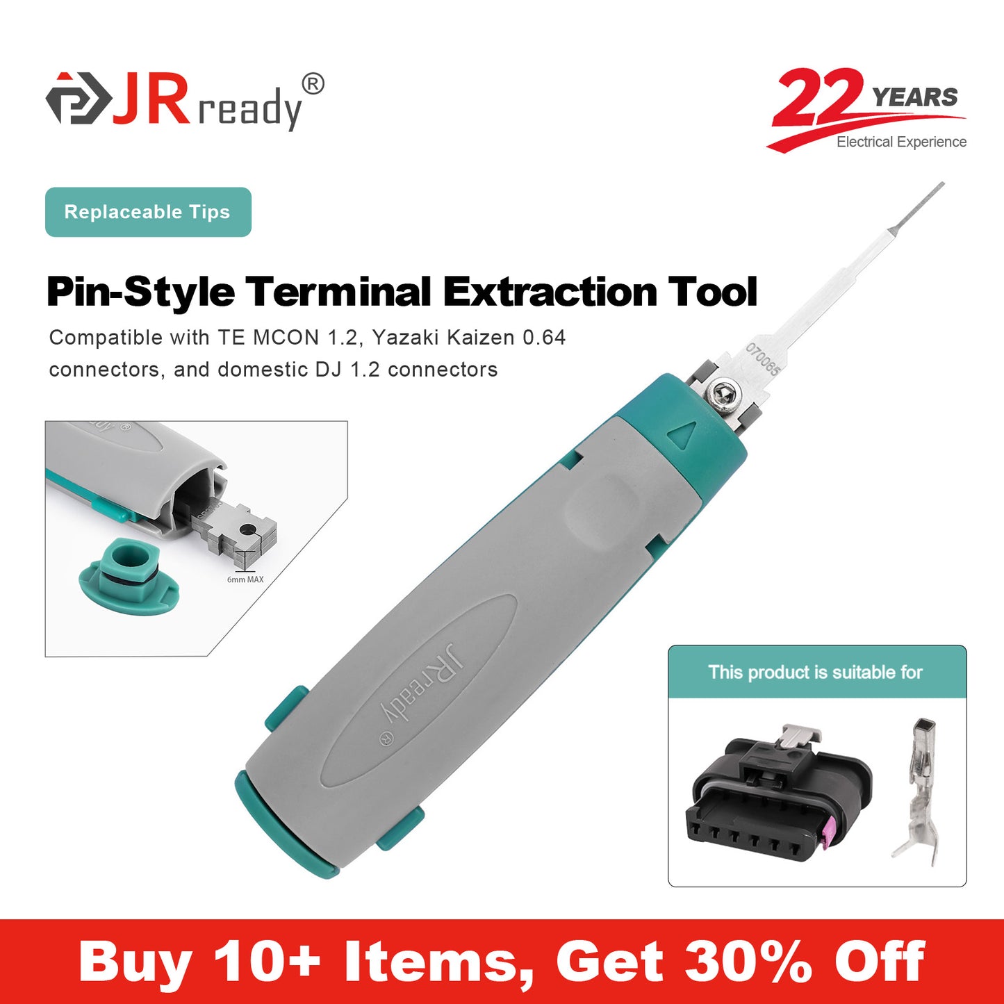 JRready JRconDRK-N070065 Single-Pin Terminal Extraction Tool for TE MCON 1.2, Yazaki Kaizen 0.64 connectors, and china domestic DJ 1.2 series connectors