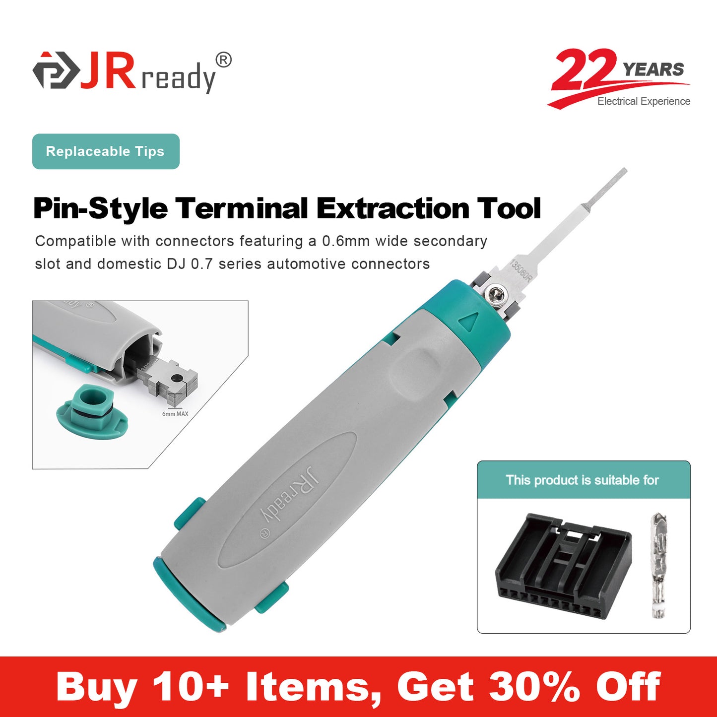 JRready JRconDRK-N135060R Einzelstift-Anschluss-Extraktionswerkzeug für 0,6 mm breite Flachsteckverbinder mit Sekundärschlitz und chinesische Kfz-Steckverbinder der Serie DJ0.7.