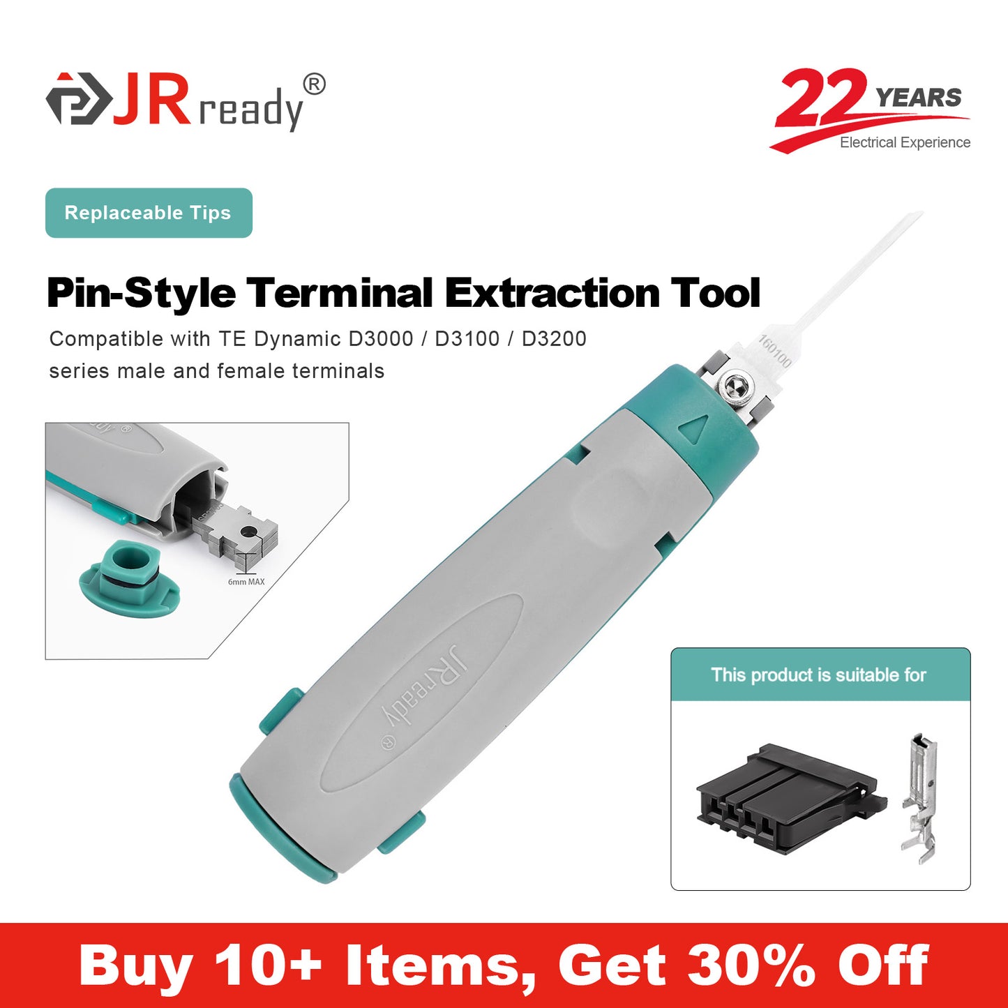 JRready JRconDRK-N160100 Single-Pin Terminal Extraction Tool for TE Tyco Dynamic 3000/3100/3200 series connectors and 5.08mm spacing connectors