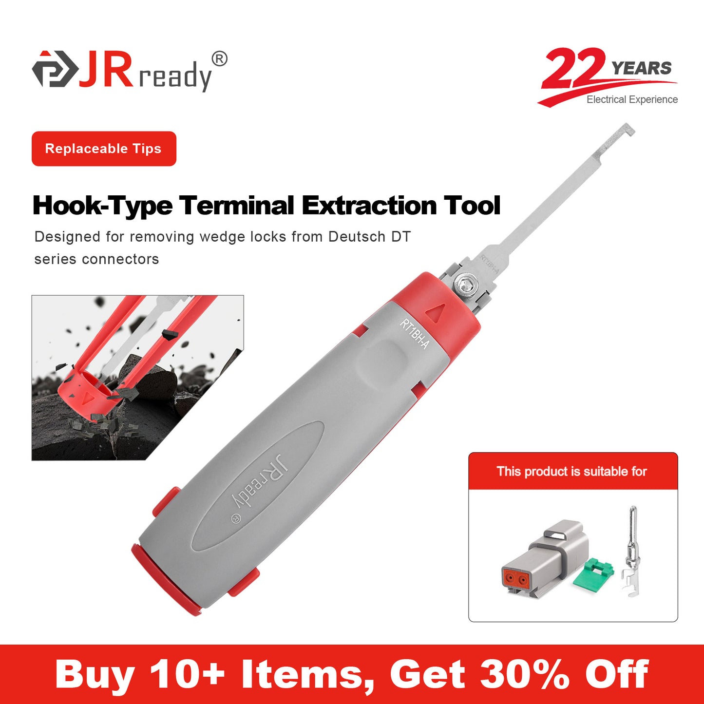 JRready JRconDRK-RT1BH-A Hook-Type Terminal Extraction Tool for Deutsch DT Connectors Wedge Lock Removal Across Industrial and Off-Road Equipment Repair