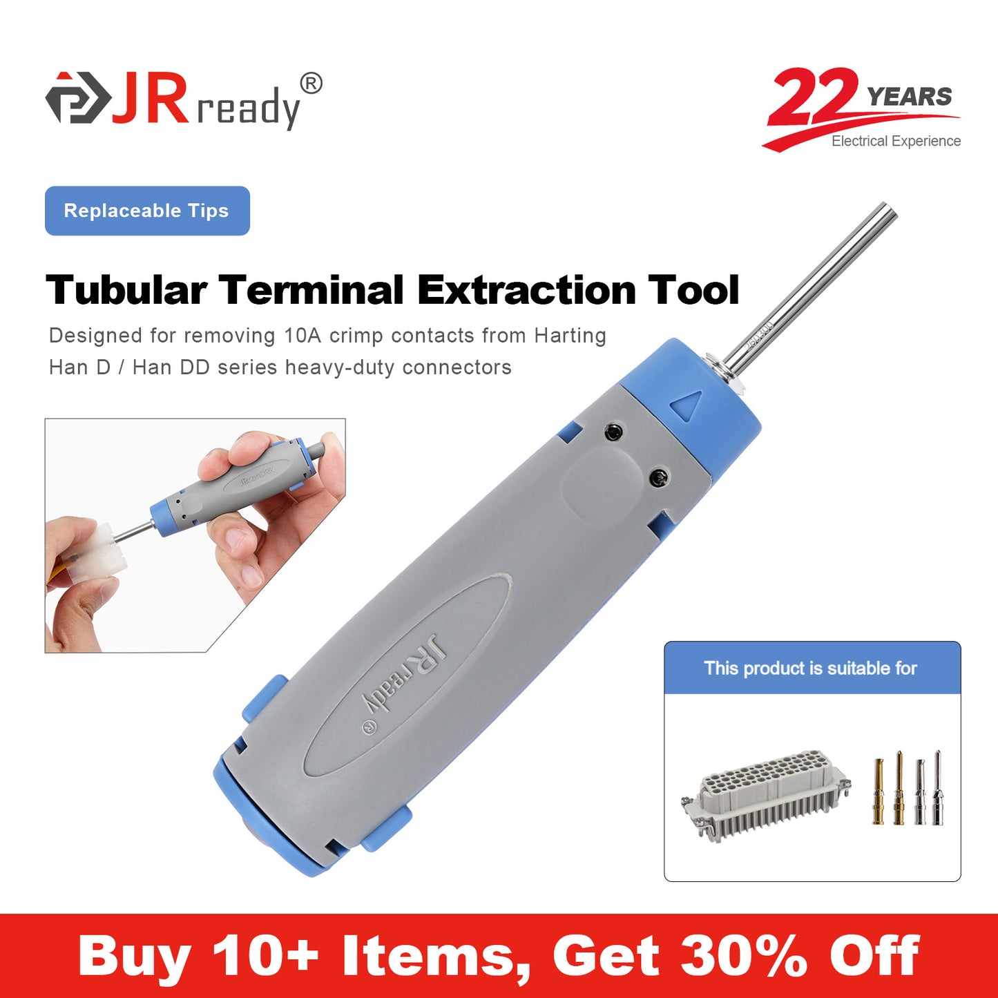 JRready JRconDRK-T260300 Extraction Tool for 10A Solid Contacts in Harting Han D/Han DD series Heavy-duty Connectors
