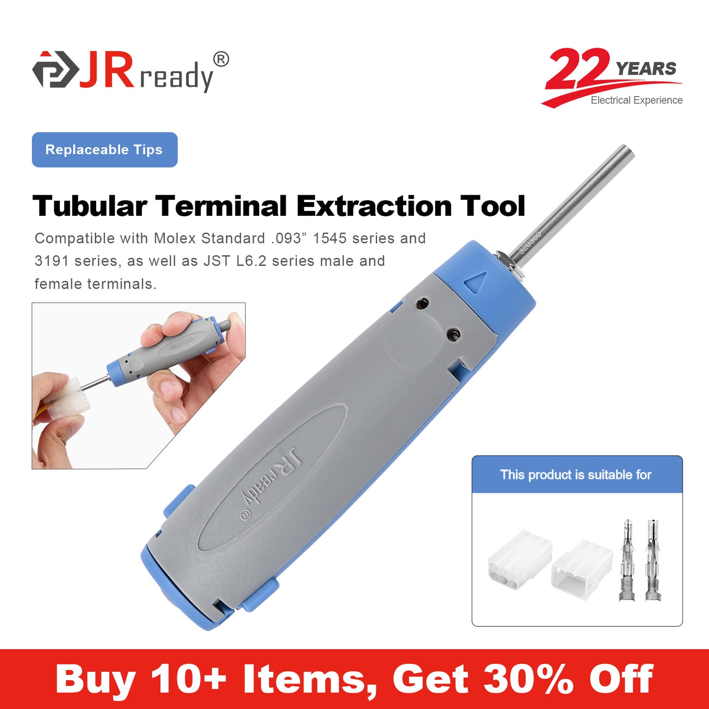 JRready JRconDRK-T320360 Removal Tool / Extraction Tool for Molex Standard .093” 1545; 3191; JST L6.2 series Male and Female Terminals