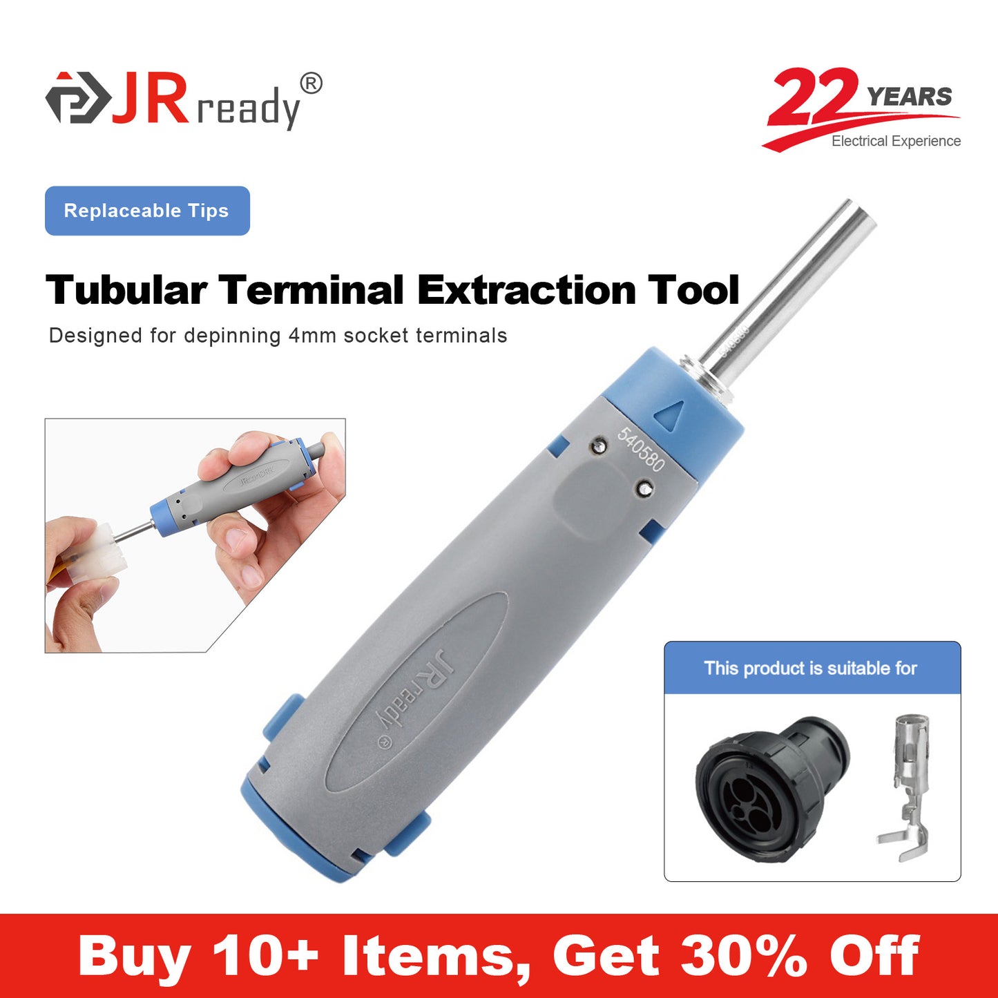 JRready JRconDRK-T540580 round tube extraction tool for 4mm socket contacts, designed for easy terminal removal with ergonomic grip.