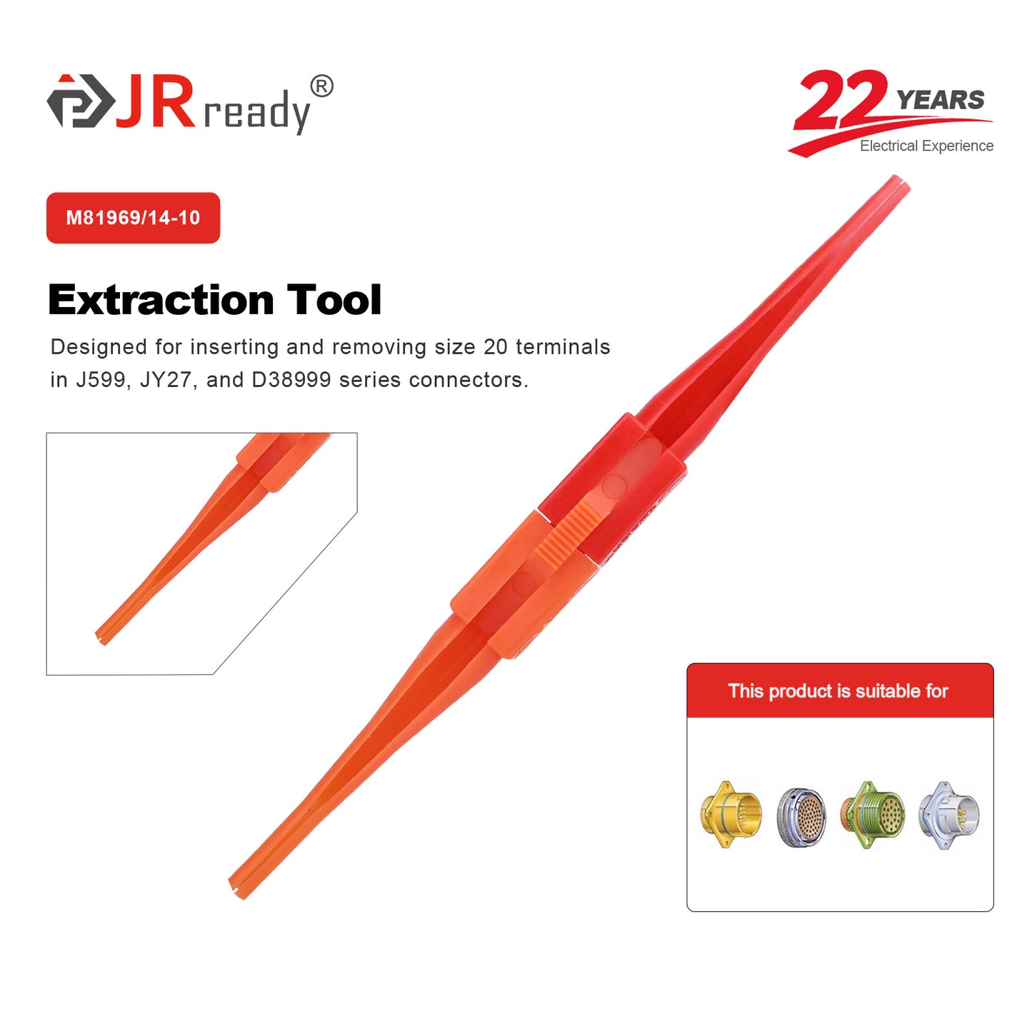 JRready M81969/14-10 20#B Terminal Extraction Tool for MIL-C-38999 JY27 J599 Connectors, suited for Avionics & Defense Harness Maintenance
