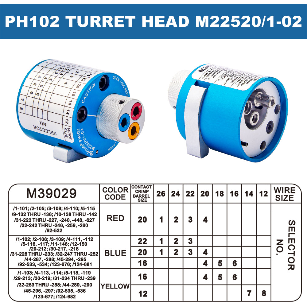 Testa a torretta JRready PH102 M22520/1-02 per pin/prese MIL serie M38999 da utilizzare con crimpatrice JRD-ASF1 M22520/1-01
