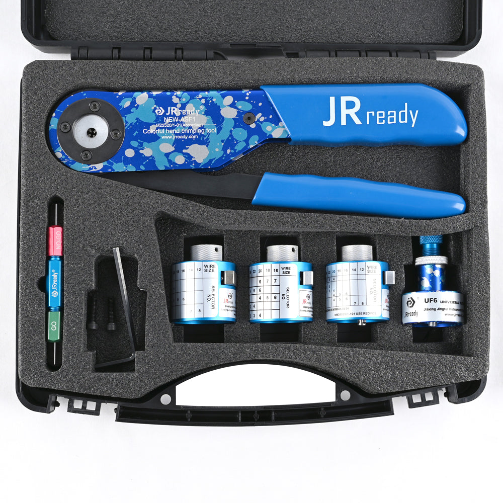 KIT JRready ST2147: NEW-ASF1 (M22520/1-01) Crimpatrice 12-26 AWG e M22520/1-02 M22520/1-03 M22520/1-04 Testa torretta e UF6-UF2-5 M22520/1-05 Posizionatore e G125 M22520/3-1 Calibro