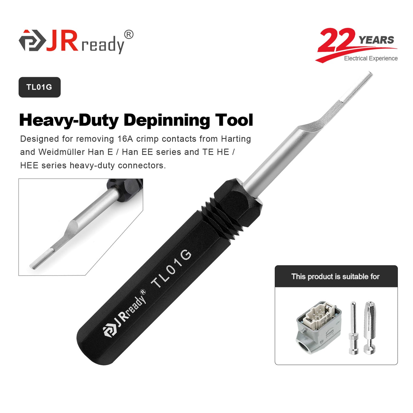 JRready TL01G (09990000319) Ausbauwerkzeug für HARTING HAN E &amp; WAIN HM, HK &amp; TE 16A Rundkontakte