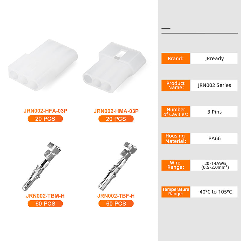 JRready JRN002 3 Pin Wire Terminal Connectors Pin and Socket Connectors 3 Circuits (20 Matched Sets), 14-20 AWG, Compatible with Molex Standard.093 Male& Female Connector, 5.03 mm Pitch, Free Hanging