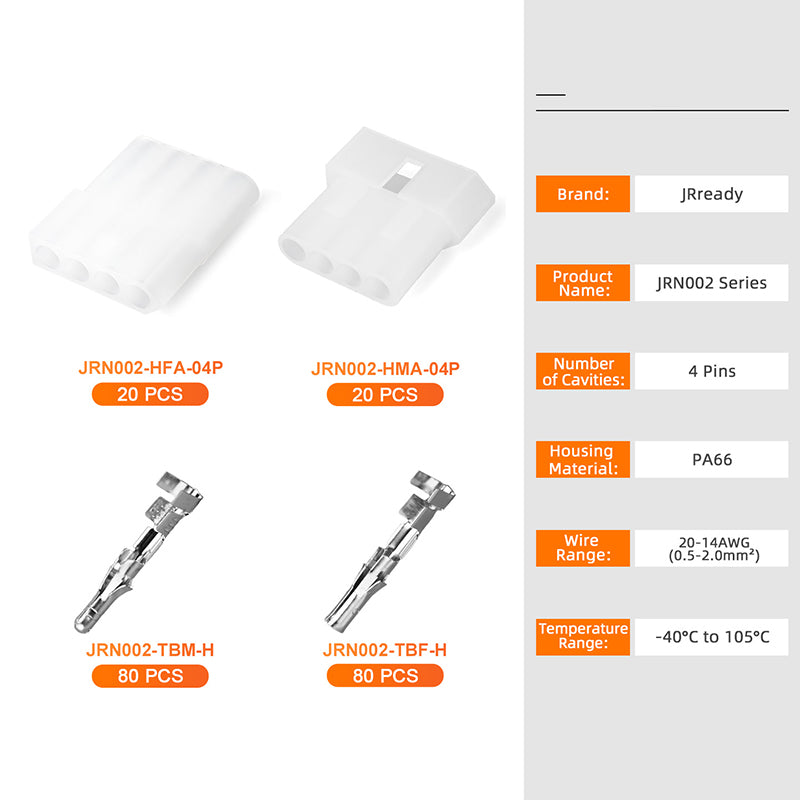JRready JRN002 4 Pin Standard.093 Pin and Socket Connectors 4 Circuits (20 Matched Sets), 14-20 AWG, Compatible with Molex Standard.093 Male& Female Connector, 5.03 mm Pitch, Free Hanging
