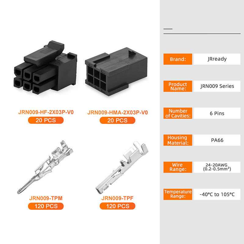 JRready JRN009 6 Pin 6 Circuits Molex 3.0 Pitch Micro-Fit Connector Kit Male Female Receptacle Housing Plug Wire Connector 20-24AWG Terminals Pin Sockets（20 Sets）