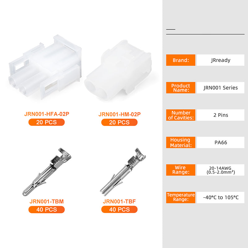 JRready MOLEX Connector JRN001 2 Pin Connector (20 Matched Sets), 2.13mm Diameter Sockets 14-20 AWG, Compatible with Molex MLX Power Connector, 6.35mm Pitch, Free Hanging (20 sets)