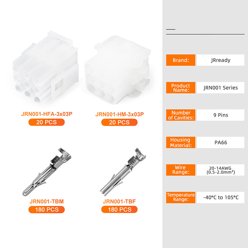JRready MOLEX Connector JRN001 9 Pin (20Matched Sets), 2.13mm Diameter Sockets 14-20 AWG, Compatible with Molex MLX Power Connector, 6.35mm Pitch, Free Hanging(20 sets）