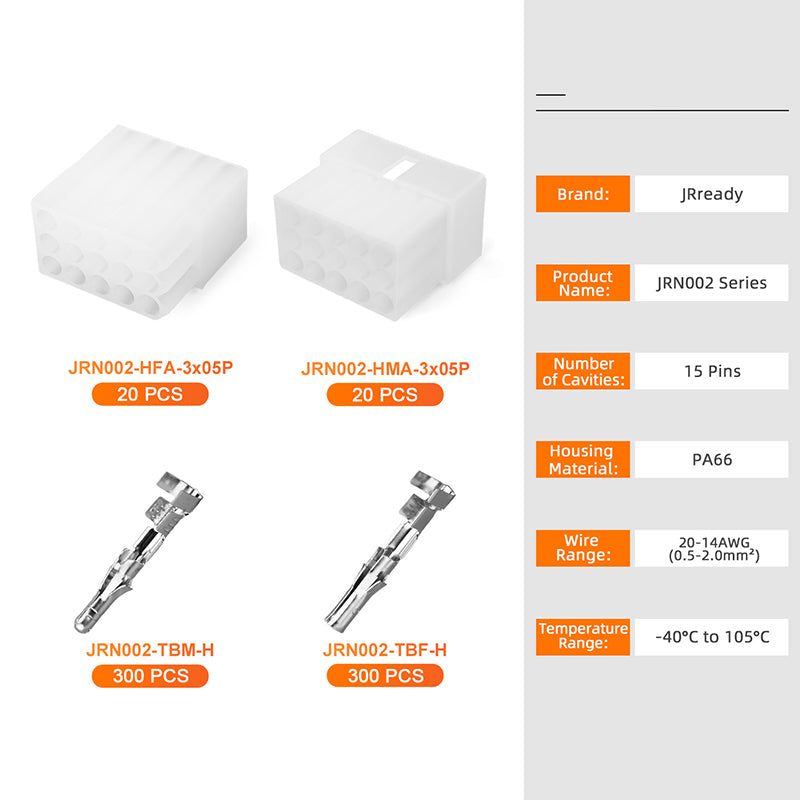 JRready JRN002 15 Pin Standard.093 Pin and Socket Connectors 15 Circuits (20 Matched Sets), 14-20 AWG, Compatible with Molex Standard.093 Male& Female Connector, 5.03 mm Pitch, Free Hanging