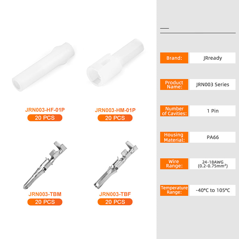 JRready JRN003 1 Pin 20Pairs Molex 1625 Series Standard .062 Series 1 Circuits Connector Housing 3.68mm Pitch Crimp Terminals 18-24AWG Pins Sockets Wire Connectors（20 sets）