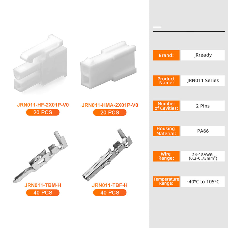 JRready JRN011 2 Pin Molex 4.2 Pitch Mini-Fit Jr Connector 5557 Series Power Wire Connector Kit Plug Receptacle Housing 18-24AWG Crimp Terminals Pin Sockets Natural（20 sets）