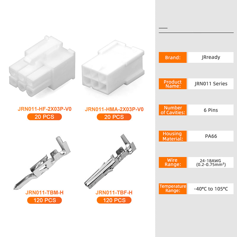 JRready JRN011 6 Pin Molex 4.2 Pitch Mini-Fit Jr Connector 5557 Series Power Connector Receptacle Housing Plug Automotive Electrical Crimp Terminals 18-24AWG Connectors(20 sets）