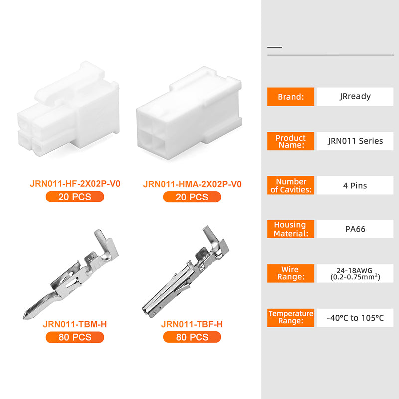 JRready JRN011 4 Pin Molex 4.2 Pitch Mini-Fit Jr Connector 5557 Series Power Wire Connector Kit Plug Receptacle Housing 18-24AWG Crimp Terminals Pin Sockets Natural（20 sets）