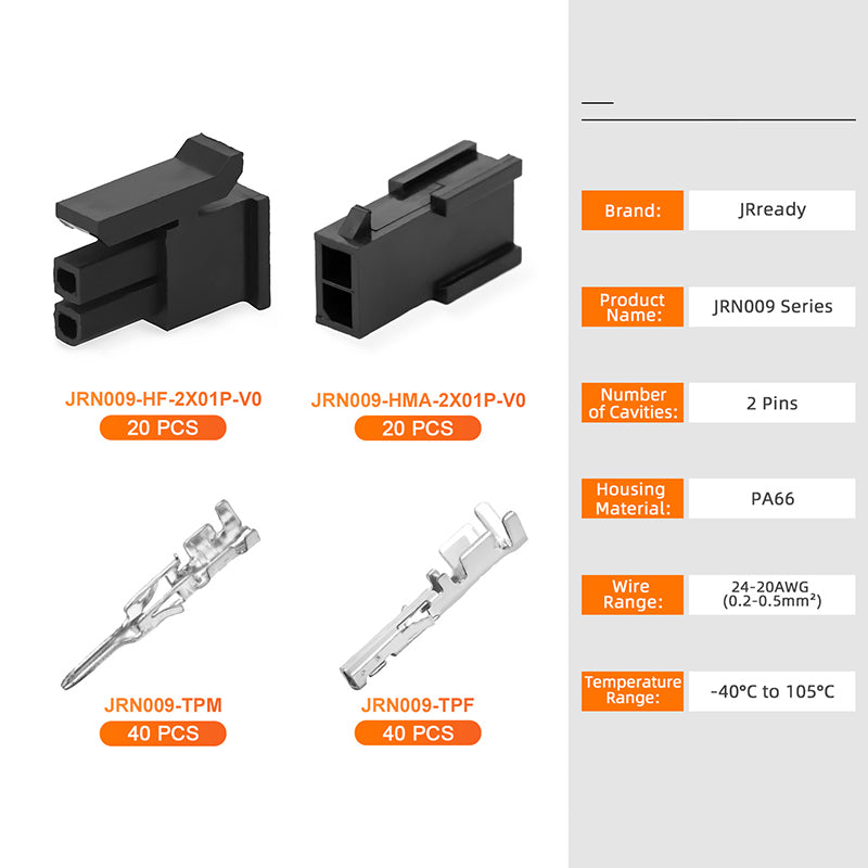 JRready JRN009 2 Pin 2 Circuits Double Wire Plug in Connector, Molex 3.0 Pitch Micro-Fit Connector Kit Male Female Receptacle Housing Plug Wire Quick Connectors 20-24AWG Terminals Pin Sockets (20 Sets)