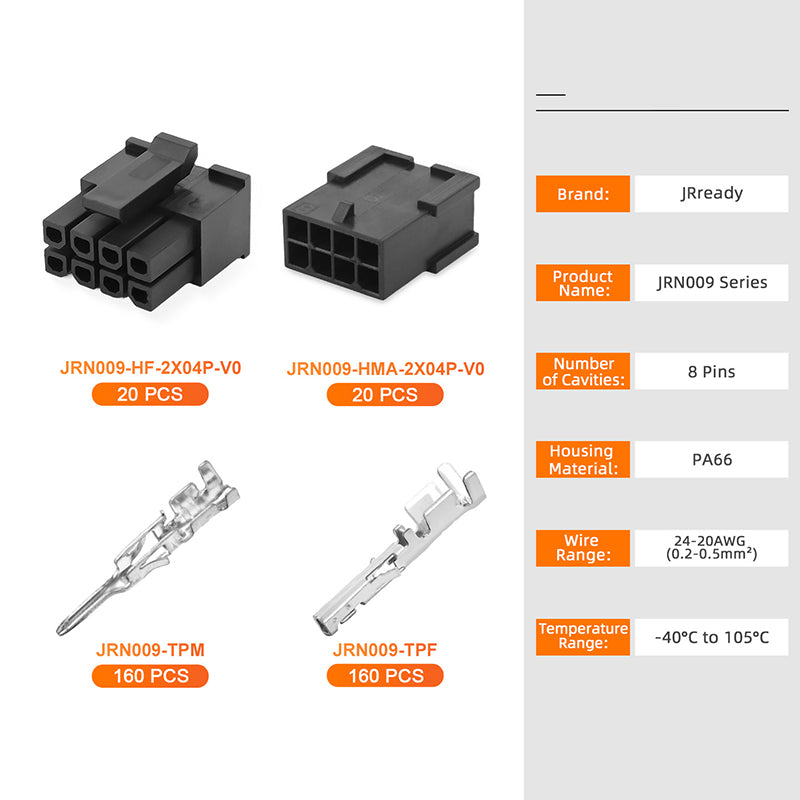JRready JRN009 8 Pin 8 Circuits Molex 3.0 Pitch Micro-Fit Connector Kit Male Female Receptacle Housing Plug Wire Connector 20-24AWG Terminals Pin Sockets（20 Sets）