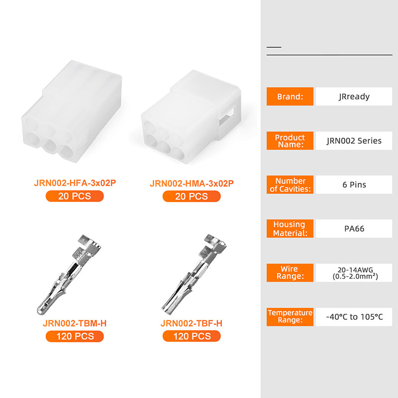 JRready JRN002 6 Pin Standard.093 Pin and Socket Connectors 6 Circuits (20 Matched Sets), 14-20 AWG, Compatible with Molex Standard.093 Male& Female Connector, 5.03 mm Pitch, Free Hanging Solderless Wire Connectors