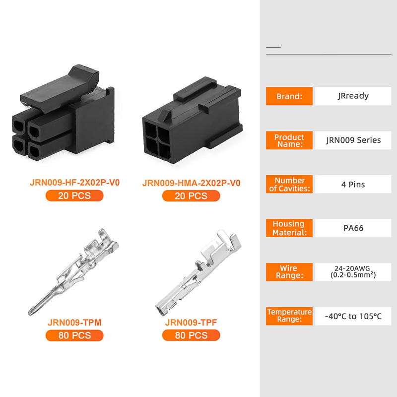 JRready JRN009 4 Pin 4 Circuits Molex 3.0 Pitch Micro-Fit Connector Kit Male Female Receptacle Housing Plug Wire Connector 20-24AWG Terminals Pin Sockets（20 Sets）