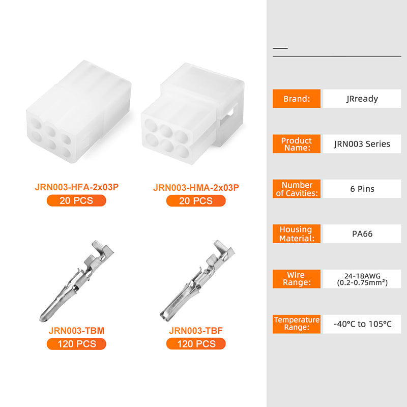JRready JRN003 Molex Connector 6 Pin Connector 20Pairs Molex 1625 Series Standard .062 Series Pins and Sockets 1.57mm Diameter 18-24AWG Crimp Terminals Molex 03061062 and 03062061 3.68mm Pitch (20 Sets)