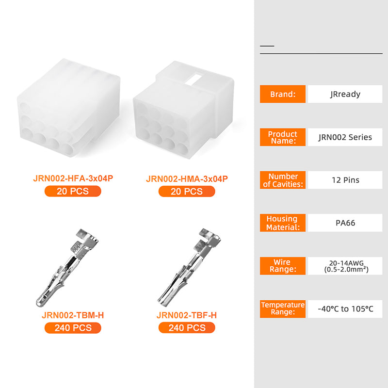 JRready JRN002 12 Pin Standard.093 Pin and Socket Connectors 12 Circuits (20 Matched Sets), 14-20 AWG, Compatible with Molex Standard.093 Male& Female Connector, 5.03 mm Pitch, Free Hanging