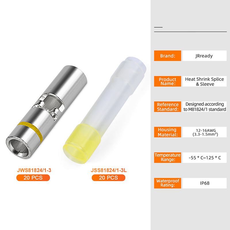 JRready M81824/1-3 yellow waterproof butt connectors kit with 12-16 AWG wire splices and low-temp heat shrink tubing by JRDTOOLS.