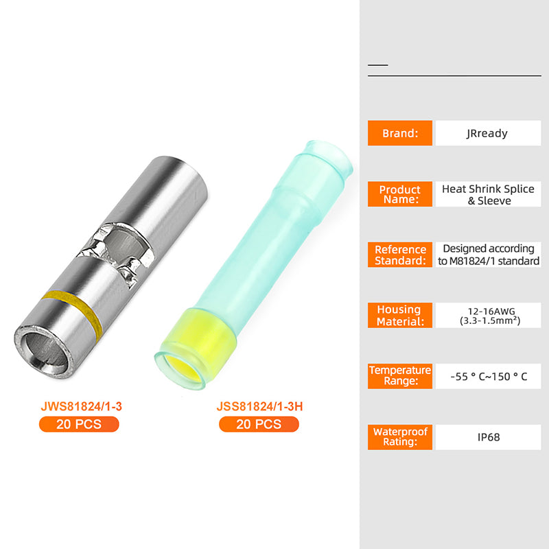 JRready M81824/1-3 yellow waterproof butt connectors kit with 12-16 AWG wire splices and high-temp heat shrink tubing for secure connections.