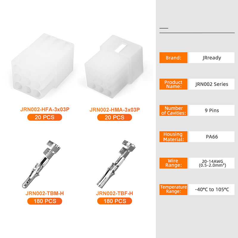 JRready JRN002 9 Pin Standard.093 Pin and Socket Connectors 9 Circuits (20 Matched Sets), 14-20 AWG, Compatible with Molex Standard.093 Male& Female Connector, 5.03 mm Pitch, Free Hanging