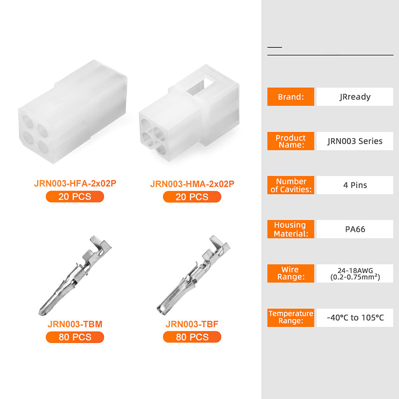 JRready JRN003 4 Pin 20Pairs Molex 1625 Series Standard .062 Series Connectors Kit 18-24AWG Pins and Sockets 3.68mm Pitch 4 Circuits Connector Power Housing Molex 4Pin Male Female Connector 03061044 03062044（20 sets）