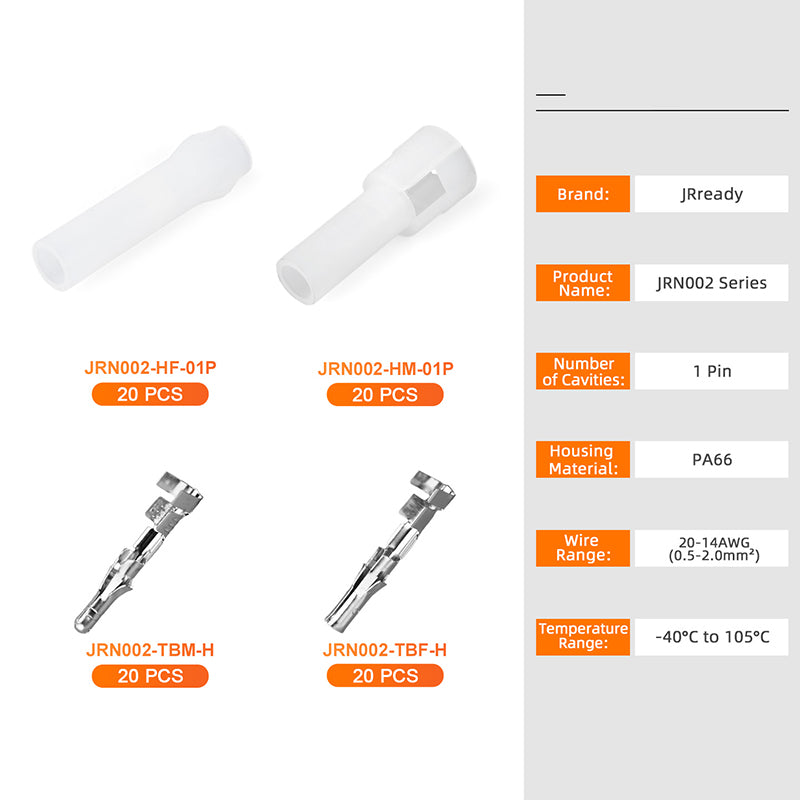 JRready JRN002 1 Pin Standard .093 Pin and Socket Connectors (Molex Connector Kit, 20 Matched Sets), 14-20 AWG, Compatible with Molex Standard .093 Male & Female Connector, 5.03 mm Pitch, Free Hanging