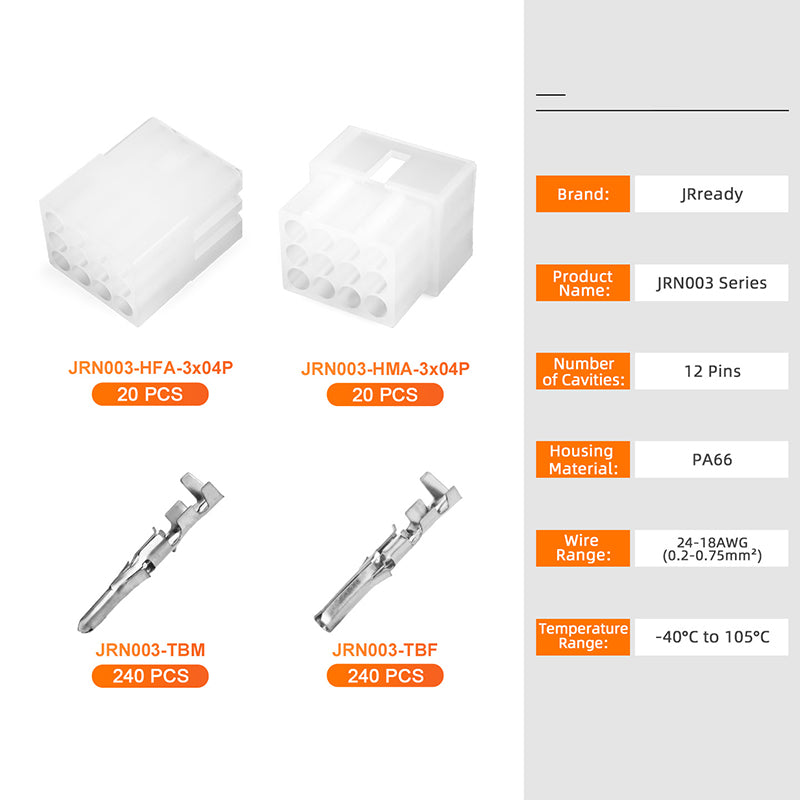 JRready JRN003 12 Pin Molex 1625 Series Standard .062 Series Connector Kit Housing Plug 3.68mm Pitch Male Female Crimp Terminals 18-24AWG Pins and Sockets 03061122 and 03062122 Housing（20 sets）